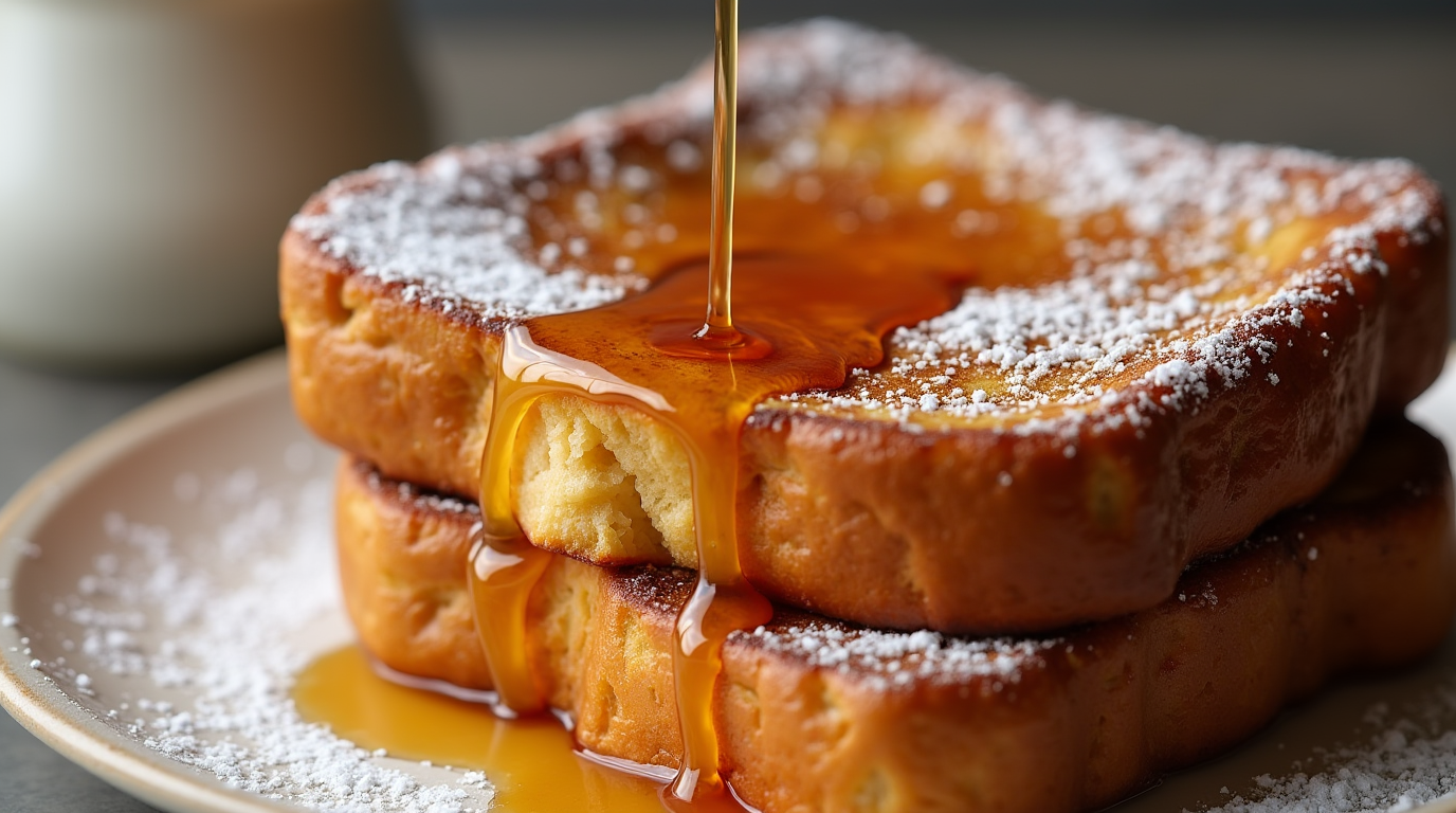 Golden Crème Brûlée French toast drizzled with rich syrup, featuring a caramelized crust and a light dusting of powdered sugar on a white plate.