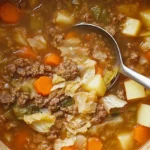 A steaming bowl of Busy Day Soup Recipe loaded with colorful vegetables and chicken.