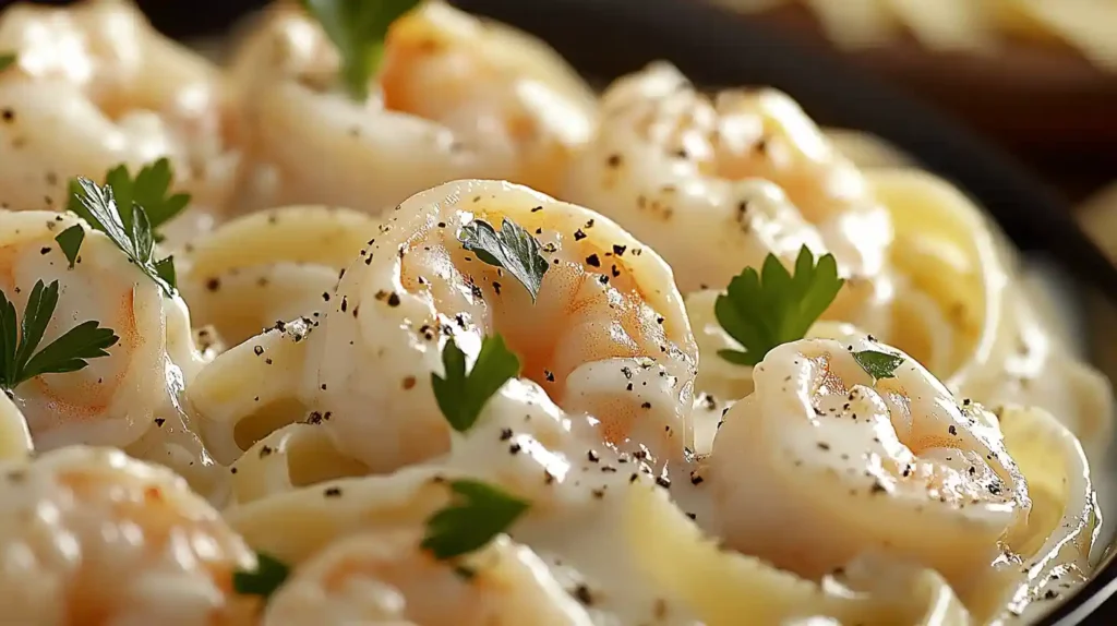 Close-up of a creamy Parmesan and garlic sauce simmering in a skillet for shrimp pasta.