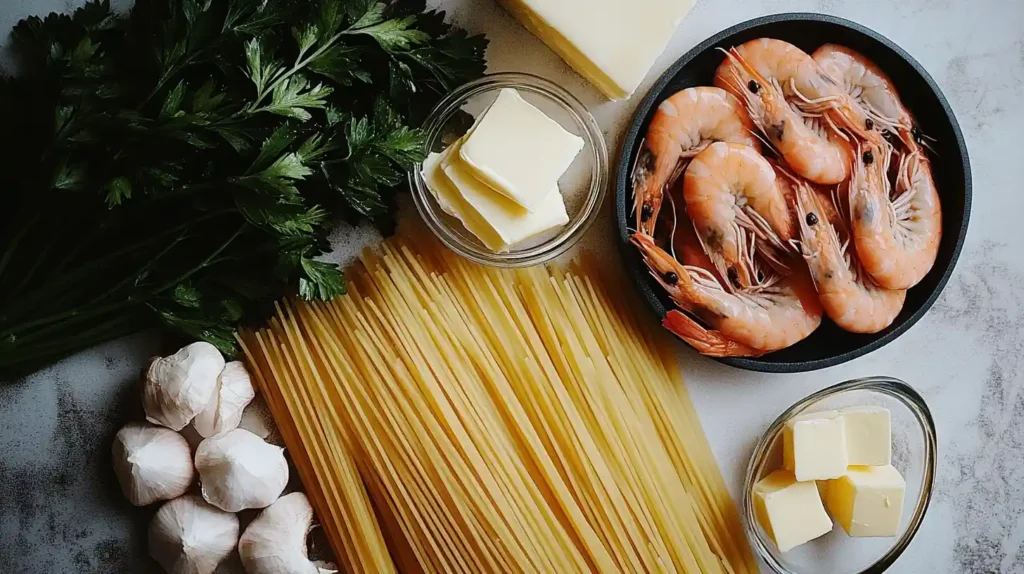 Flat lay of ingredients for creamy shrimp pasta, including shrimp, heavy cream, pasta, garlic, Parmesan, and parsley.