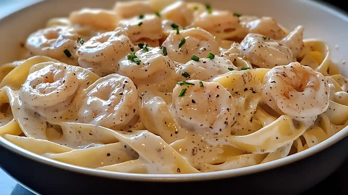 A beautifully plated bowl of creamy shrimp pasta topped with parsley and served with garlic bread.