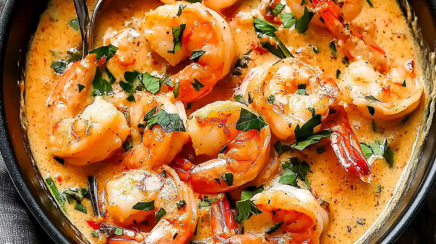 A bowl of Creamy coconut shrimp recipe garnished with cilantro and lime wedges.