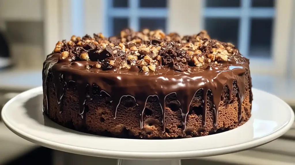 A whole German Chocolate Poke Cake topped with whipped cream, toasted coconut, and chopped pecans, presented in a baking dish.