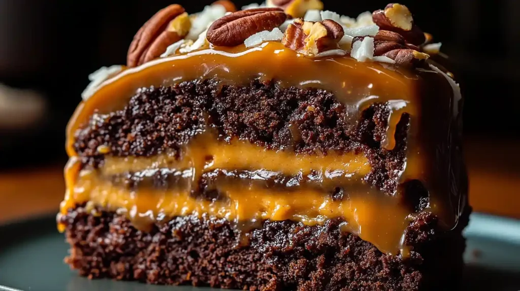 A close-up of a slice of German Chocolate Poke Cake, showing layers of moist chocolate cake, caramel filling, and coconut topping.