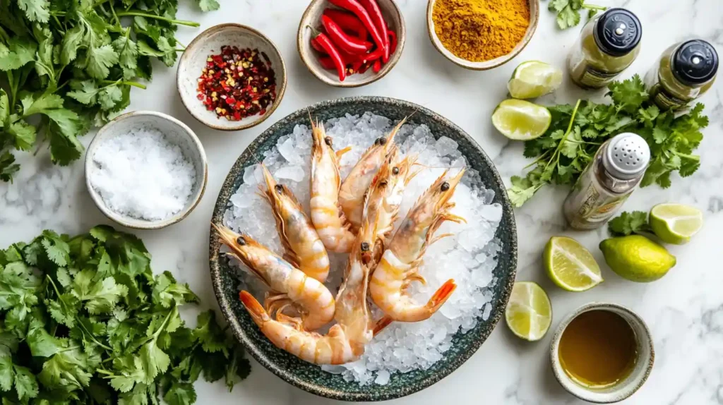 ngredients for creamy coconut shrimp recipe arranged on a wooden countertop, including shrimp, coconut milk, spices, garlic, ginger, and lime.