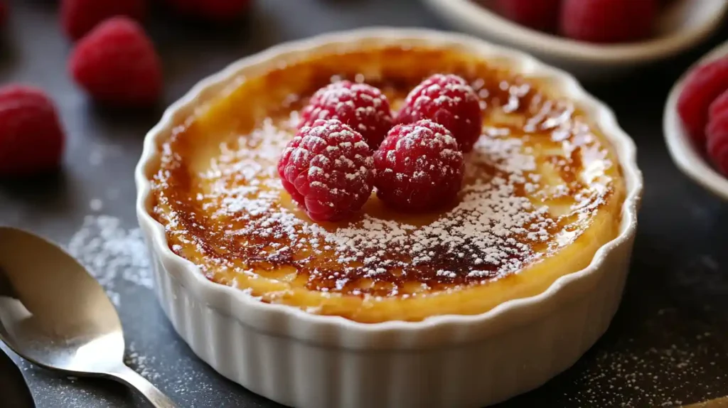 Finished raspberry crème brûlée with caramelized sugar crust, fresh raspberries, and a mint leaf for garnish.