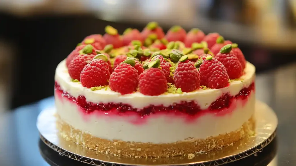 A beautifully presented Raspberry and Pistachio Cake topped with fresh raspberries and chopped pistachios on a white plate.