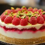 A beautifully presented Raspberry and Pistachio Cake topped with fresh raspberries and chopped pistachios on a white plate.