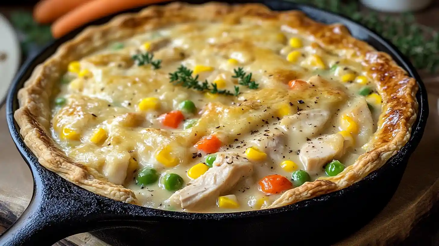 Chicken pot pie with crescent rolls served in a baking dish, showcasing a golden flaky crust and creamy filling.